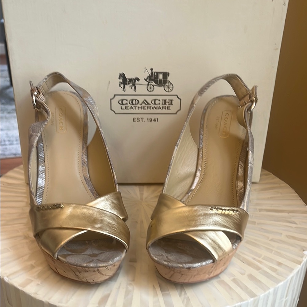 Coach Monogram Gold Slingback Wedge Platform Sandals, Size 8B